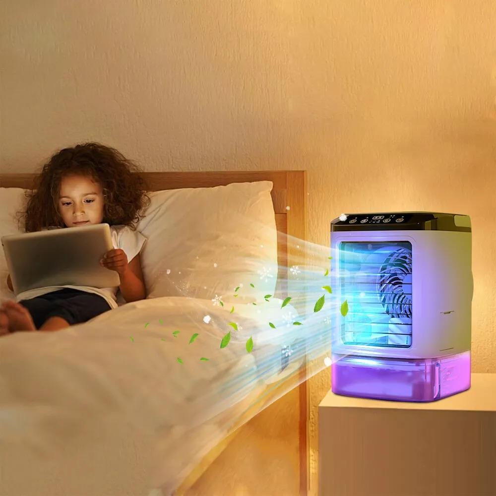 Belro portable mini air conditioner for home and outdoor use, compact unit with vents and control panel visible.