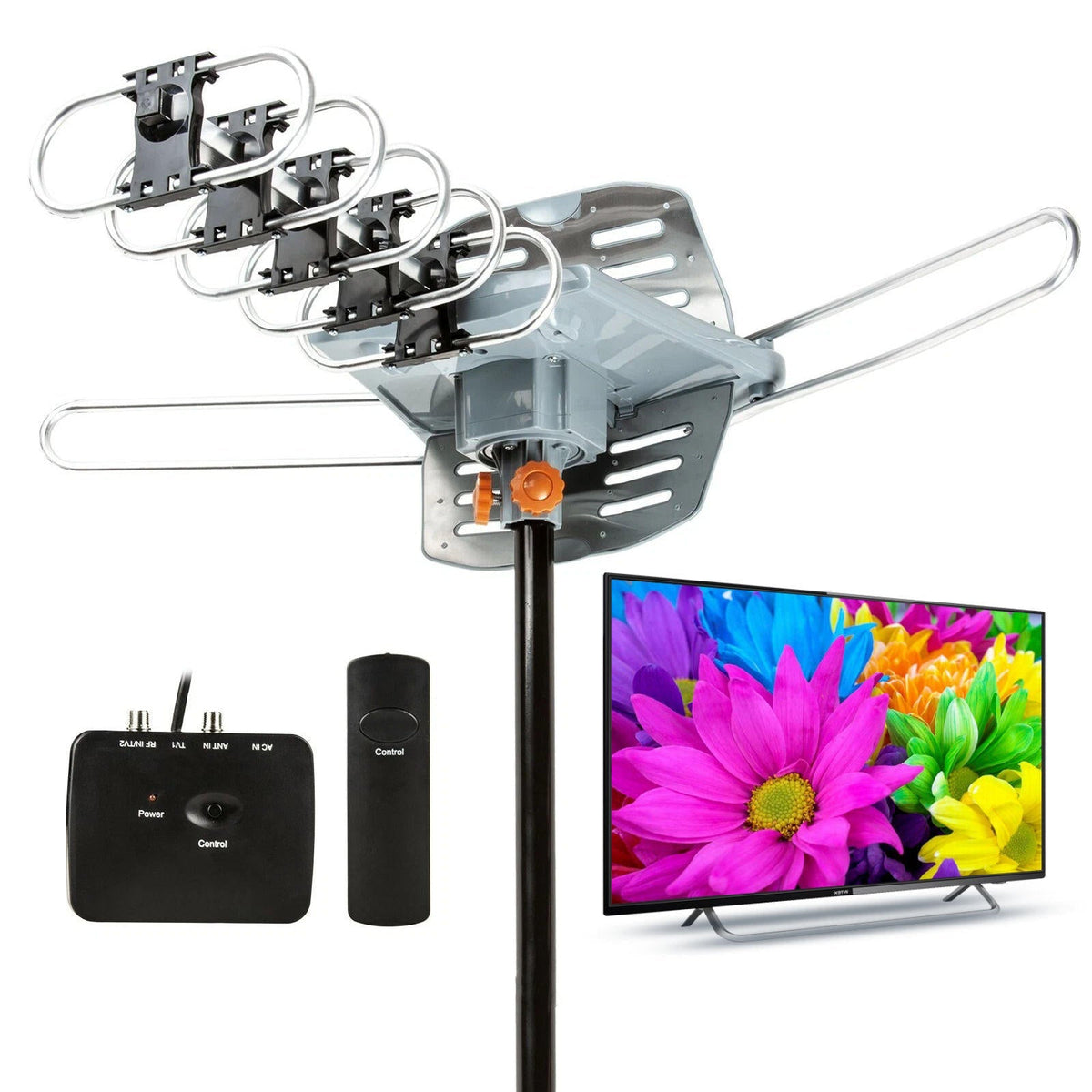 Belro long-range digital HD TV antenna with 360-degree motorized rotation and mounting pole for improved signal reception.