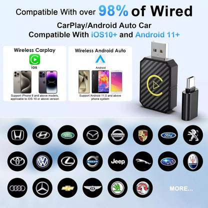 Belro Wireless CarPlay Adapter connected to a car's dashboard, enabling seamless wireless smartphone integration for in-car entertainment.