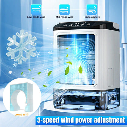 Belro portable mini air conditioner for home and outdoor use, compact unit with vents and control panel visible.