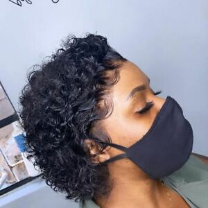 Belro premium lace front short curly pixie bob human hair weave wig with curly hairstyle and lace front detail.