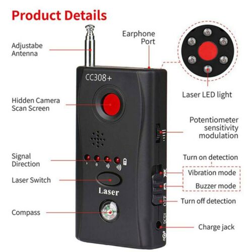 Belro bug detector for hidden cameras and microphones, handheld electronic device for security and surveillance detection.