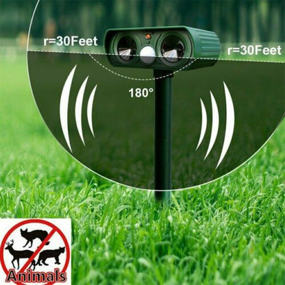 Belro infrared solar-powered animal pest repeller for outdoor pest control, with solar panel and pest deterrent design.