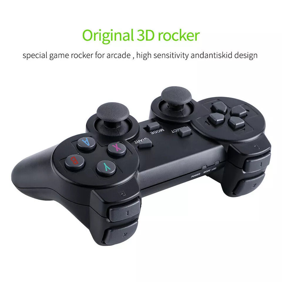 Belro HDMI 4K TV game stick console with 64GB storage, 20,000+ retro games, and 2 wireless gamepads for gaming on TV.