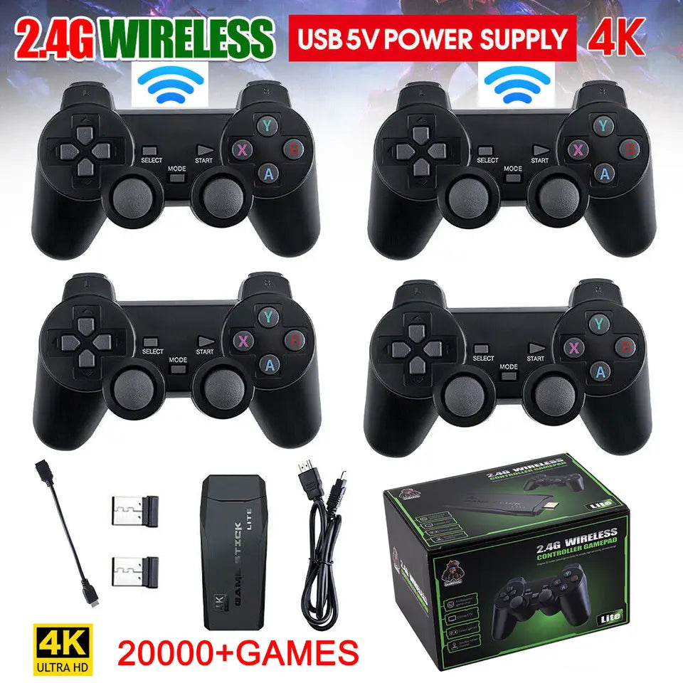 Belro HDMI 4K TV game stick console with 64GB storage, two wireless gamepads, and over 20,000 retro games for gaming entertainment