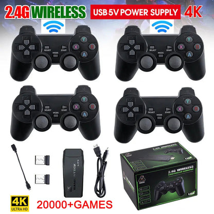 Belro HDMI 4K TV game stick console with 64GB storage, two wireless gamepads, and over 20,000 retro games for gaming entertainment