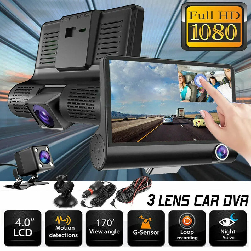 Belro 4-inch touch screen dash cam showing front and rear camera lenses in a sleek electronic device for vehicle recording.