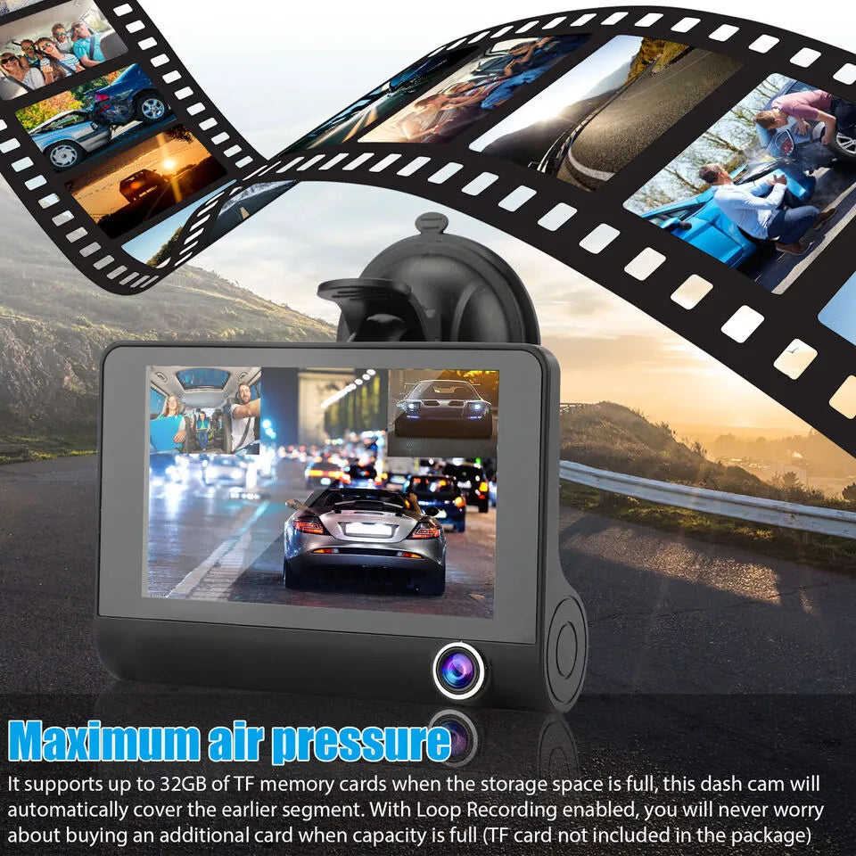 Belro 4-inch touch screen dash cam showing front and rear cameras with controls on the device.