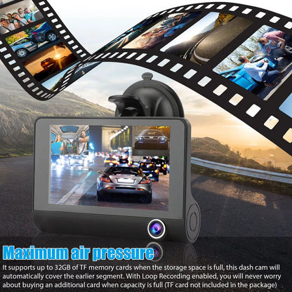 Belro 4-inch touch screen dash cam showing front and rear cameras with controls on the device.