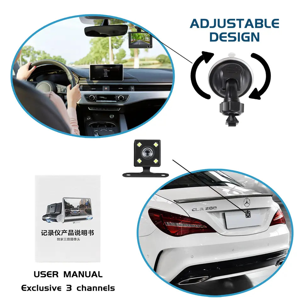 Belro 4-inch touch screen dash cam showing front and rear cameras in a sleek electronic device for vehicle recording.