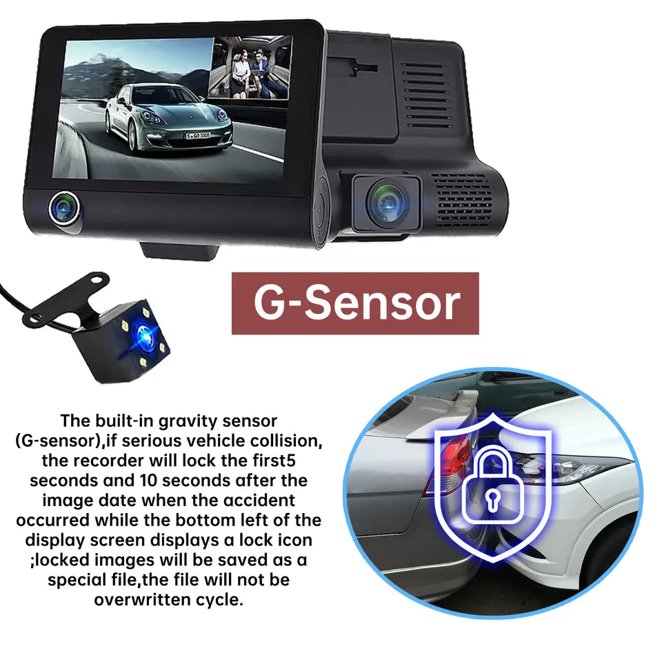 Belro 4-inch touch screen front and rear dash cam showing camera lenses and display screen in a sleek black design.
