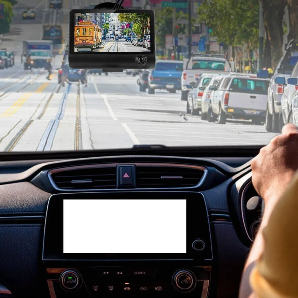 Belro 4-inch touch screen dash cam showing front and rear cameras mounted inside a vehicle for recording driving footage