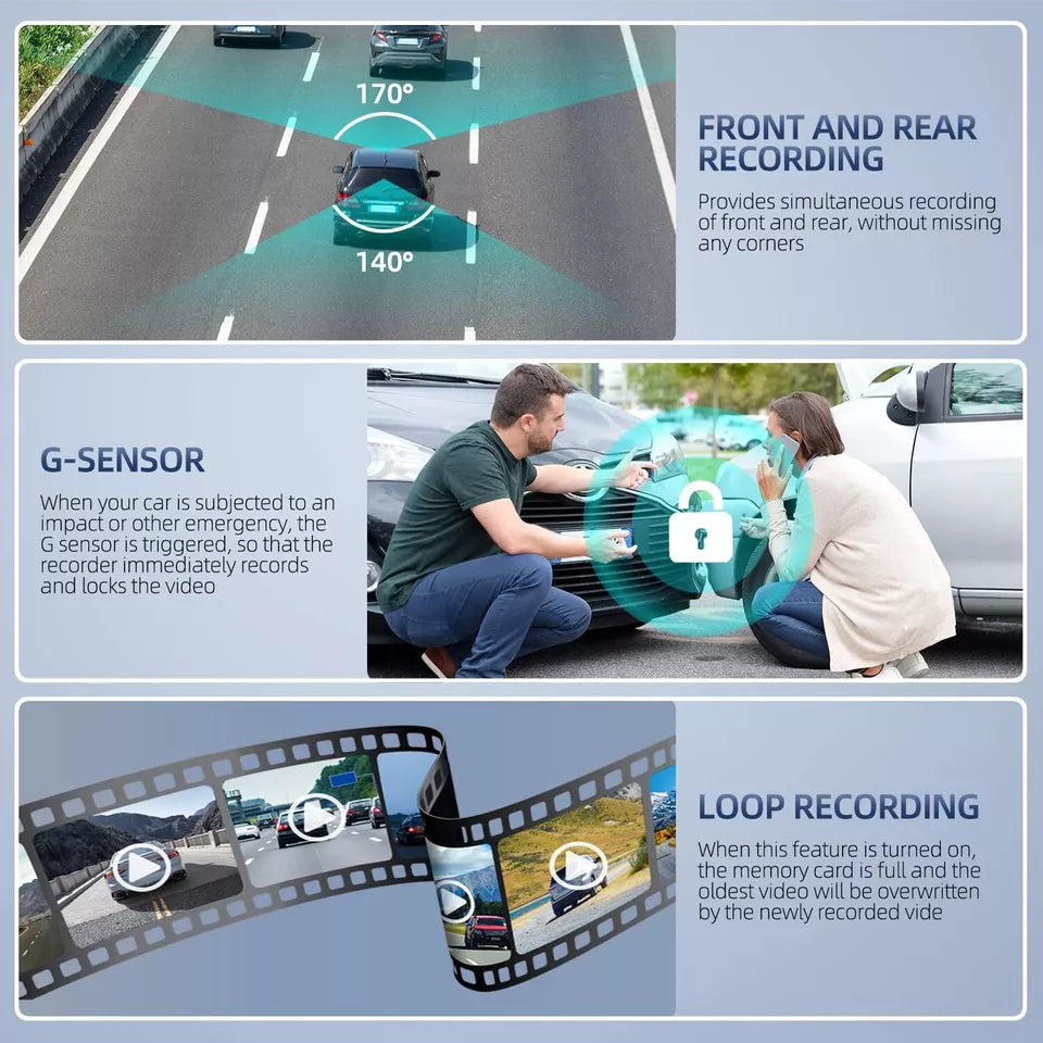 Belro 4-inch touch screen front and rear dash cam showing camera lenses and display screen for vehicle recording.