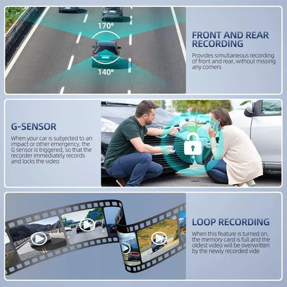 Belro 4-inch touch screen front and rear dash cam showing camera lenses and display screen for vehicle recording.