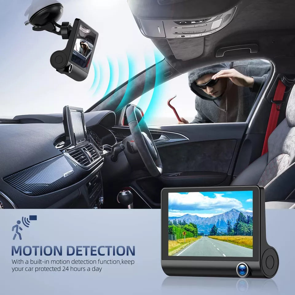 Belro 4-inch touch screen front and rear dash cam showing camera lenses and screen display in an electronics setting