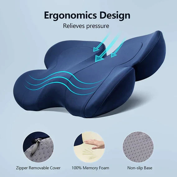 Belro seat cushion designed for tailbone pain relief and pressure support, with ergonomic shape for comfort and back support.