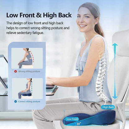Belro seat cushion for tailbone pain relief, showing a cushioned ergonomic design with adjustable straps, ideal for pressure support.