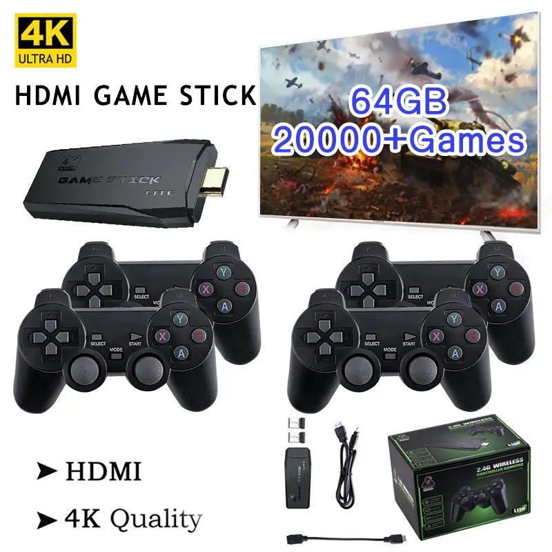 Belro HDMI 4K TV game stick console with 64GB storage, two wireless gamepads, and over 20,000 retro games for gaming entertainment.
