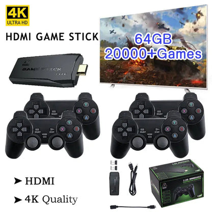 Belro HDMI 4K TV game stick console with 64GB storage, two wireless gamepads, and over 20,000 retro games for gaming entertainment.