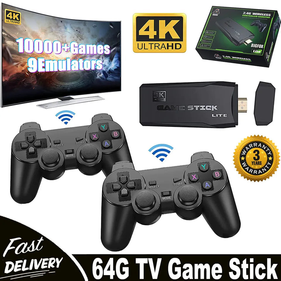 Belro HDMI 4K TV game stick console with 64GB storage, two wireless gamepads, and a selection of retro games on a sleek device.