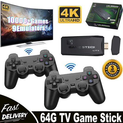 Belro HDMI 4K TV game stick console with 64GB storage, two wireless gamepads, and a selection of retro games on a sleek device.