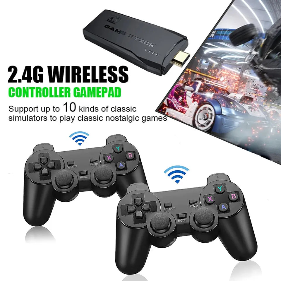 Belro HDMI 4K TV game stick console with 64GB storage, retro games, and two wireless gamepads for gaming on your TV.