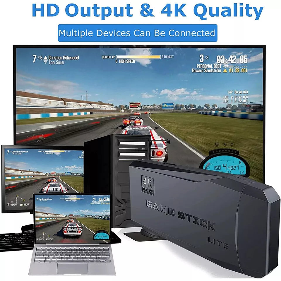 Belro HDMI 4K TV game stick console with 64GB storage, 20,000+ retro games, and two wireless gamepads for home gaming.