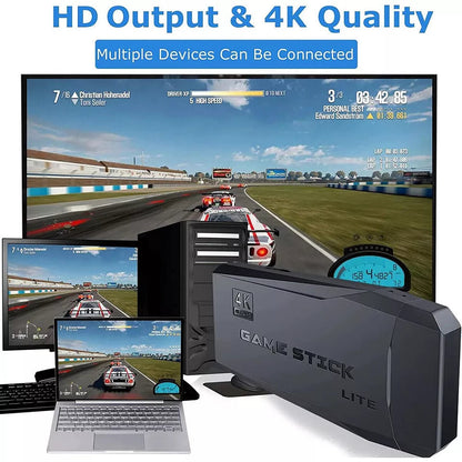 Belro HDMI 4K TV game stick console with 64GB storage, 20,000+ retro games, and two wireless gamepads for home gaming.