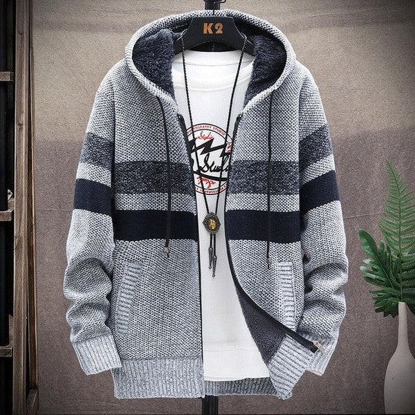 Belro casual striped cardigan featuring a classic knit pattern, modeled in a relaxed fit with colorful horizontal stripes.