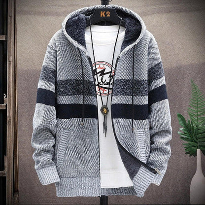 Belro casual striped cardigan featuring a classic knit pattern, modeled in a relaxed fit with colorful horizontal stripes.