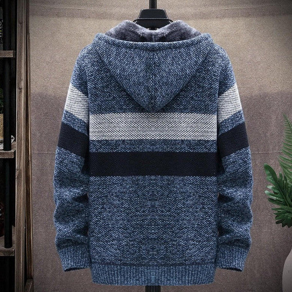 Belro casual stripe cardigan with automotive-inspired design, featuring colorful horizontal stripes and a cozy knit texture.