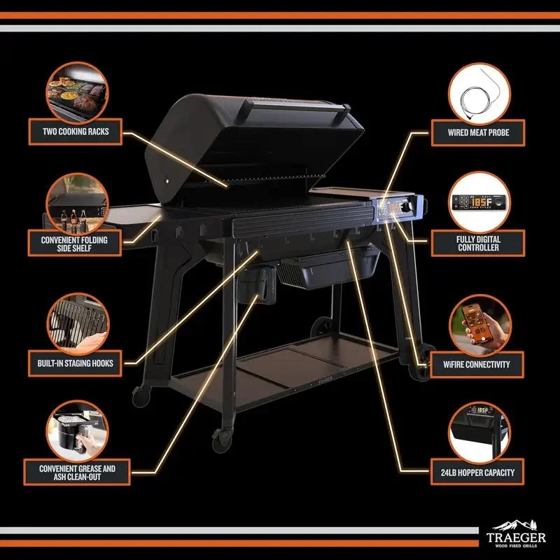 Casavibeo Traeger Woodridge Pro pellet grill with digital control panel and stainless steel construction for outdoor cooking.