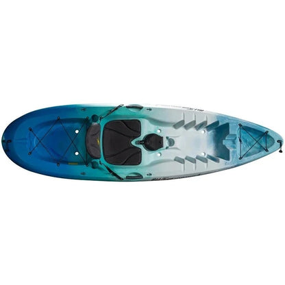 Casavibeo Ocean Kayaks Malibu 9.5 sitting on a rack, showcasing its sleek design and durable construction for kayaking adventures.