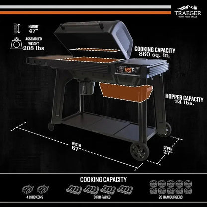 Casavibeo Traeger Woodridge Pro pellet grill with digital control panel and stainless steel construction, ready for outdoor grilling.