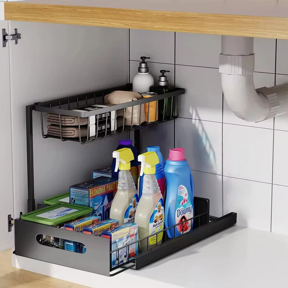 Belro 2-tier slide-out under sink organizer for kitchen storage, with adjustable shelves and easy pull-out design.
