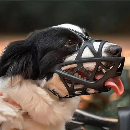 Adjustable SafeBark dog muzzle by BowLift, made of breathable mesh for comfort and safety during walks.