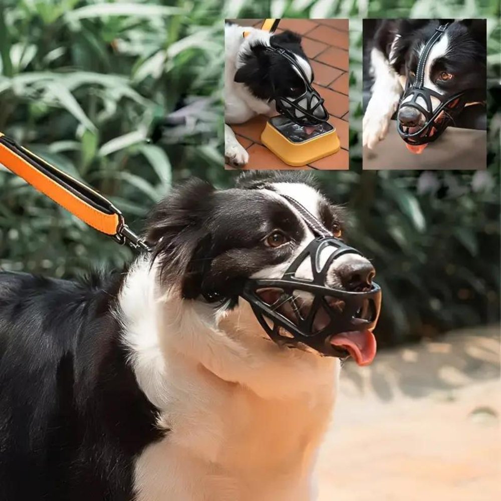 Black breathable mesh dog muzzle by BowLift, adjustable for comfort, designed to prevent barking and ensure safety.