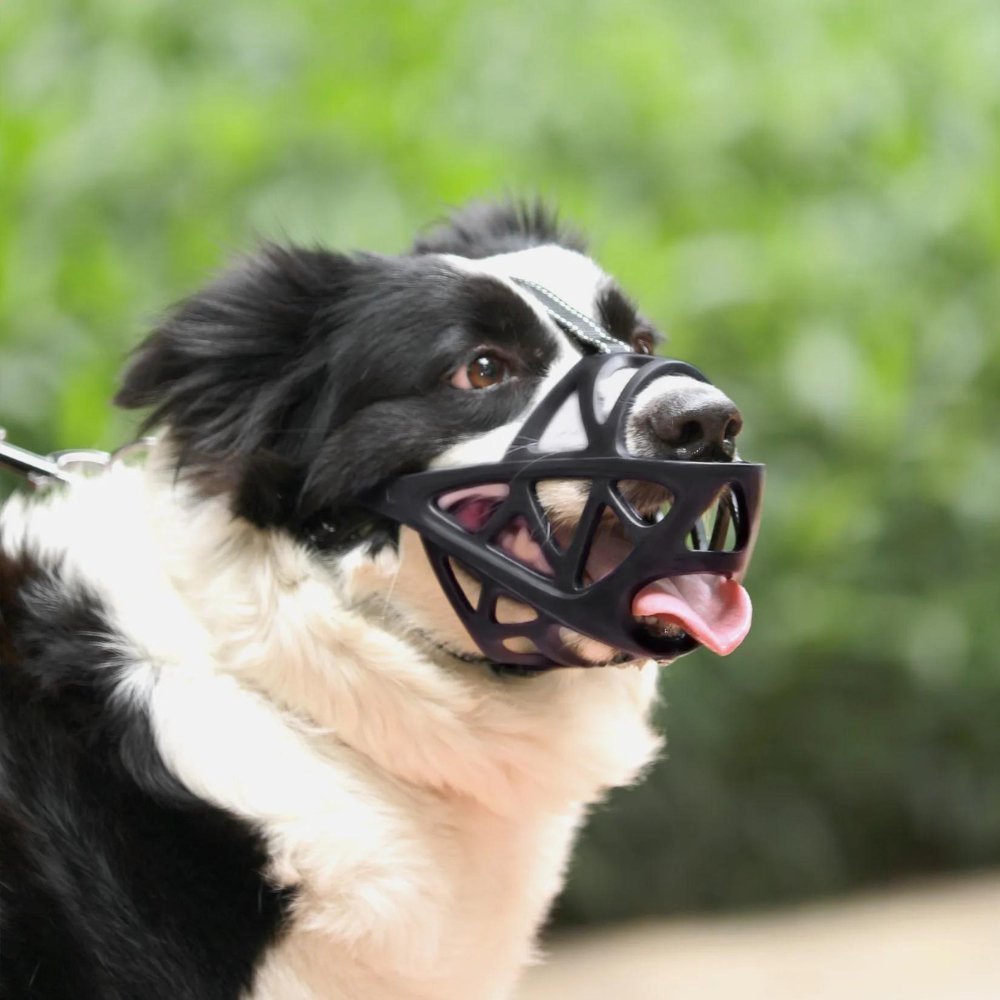 Adjustable SafeBark dog muzzle by BowLift made of breathable mesh for comfort and anti-bark control.