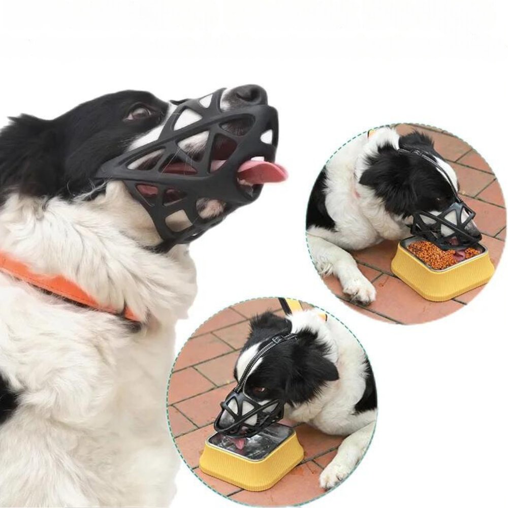 Black adjustable mesh dog muzzle by BowLift, designed for comfort and breathability, fits securely on a dog's snout.