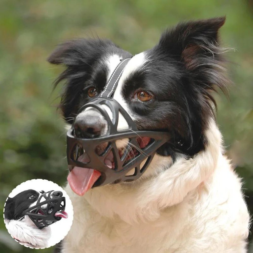 Black breathable mesh dog muzzle by BowLift, adjustable and comfortable for safe barking control.