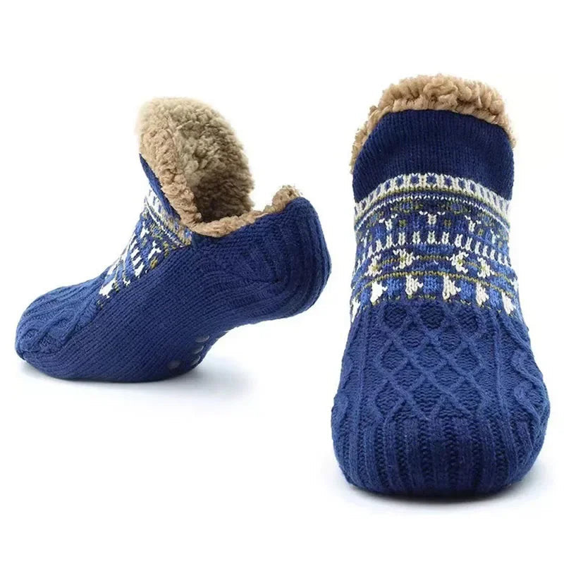Belro sapphire blue snow pattern warm winter socks, cozy accessories for cold weather, featuring a festive snow design.