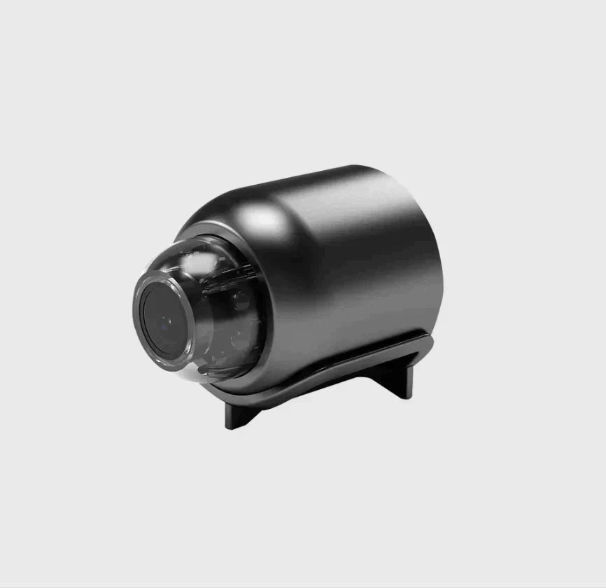 Mini WiFi security camera by Mivoza showing a compact black surveillance camera with night vision and motion detection features.