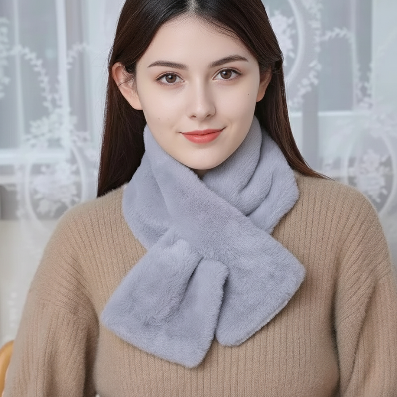 Belro faux fur cross collar neck warmer winter scarf in soft, plush material, styled as a cozy accessory for cold weather.