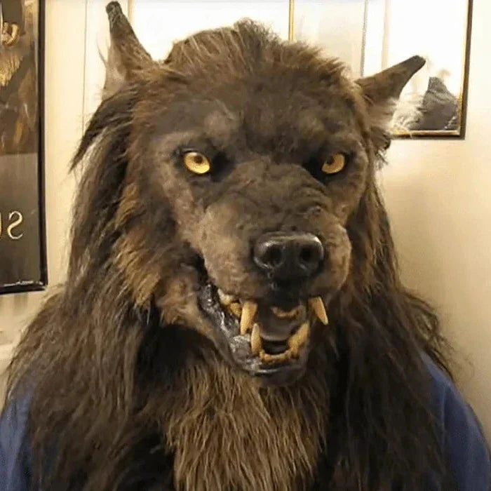 Belro scary wolf mask for Halloween costume, featuring detailed fur and fierce wolf face for masquerade parties and costume events.