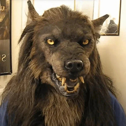 Belro scary wolf mask for Halloween costume, featuring detailed fur and fierce wolf face for masquerade parties and costume events.