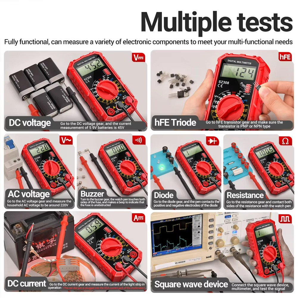 Belro electrical test kit with digital multimeter and probes, used for electronic troubleshooting and voltage measurement.