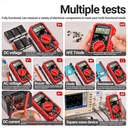 Belro electrical test kit with digital multimeter and probes, used for electronic troubleshooting and voltage measurement.