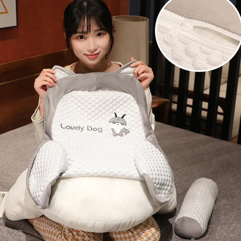 Mivoza ergonomic wedge support pillow for back, neck, and leg comfort, shown in a cozy home setting with a neutral cover.
