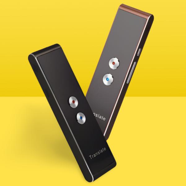 Silver Belro portable voice translator device showing digital display and microphone for real-time language translation.