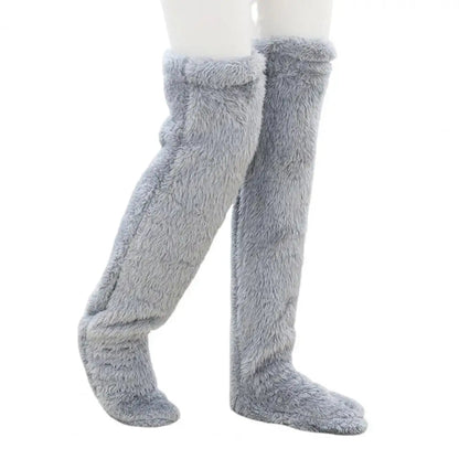 Silver gray cozy fleece winter socks by Belro, long warm fleece stockings perfect for cold weather sleepwear.